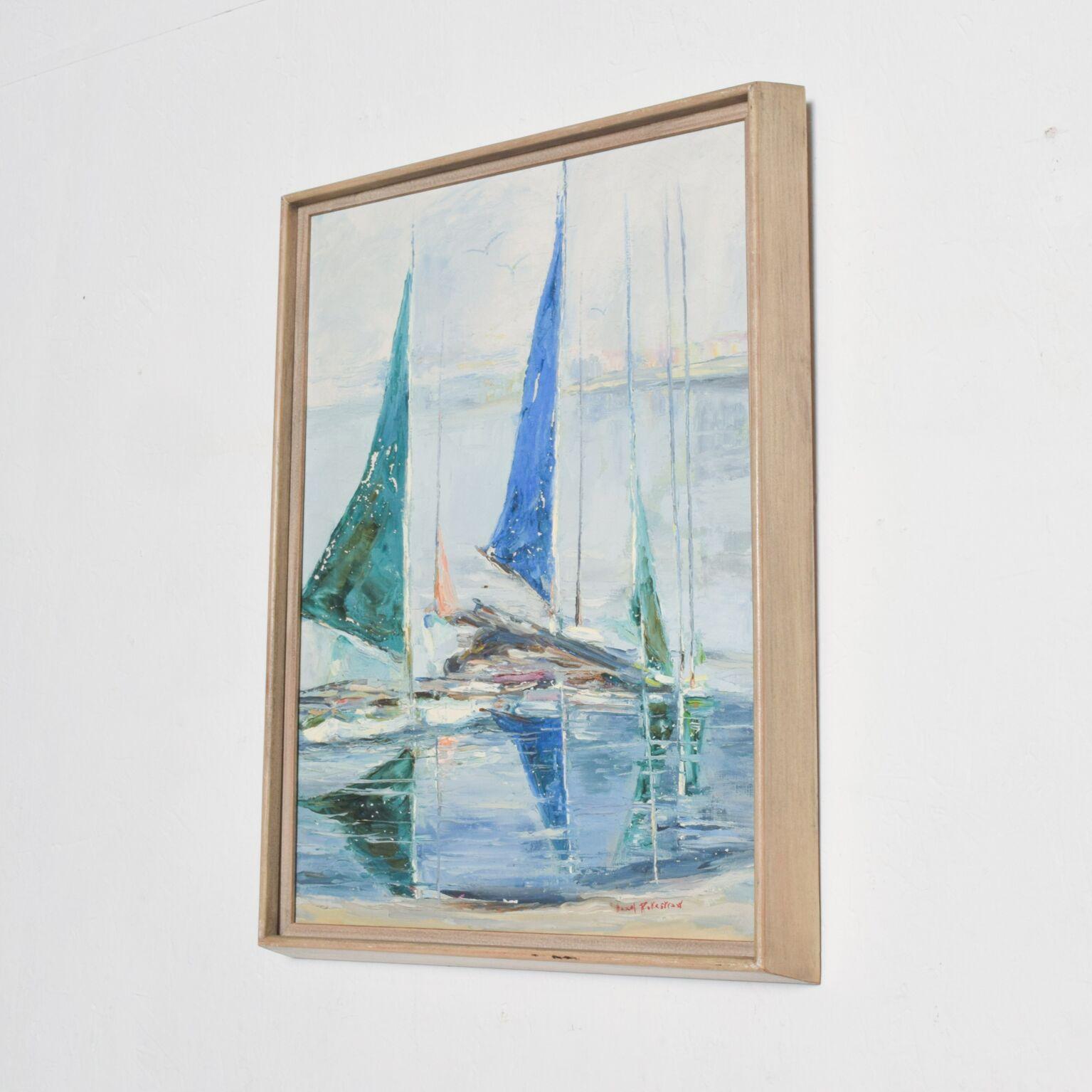 Vintage Midcentury Art
Oil on canvas by California artist Hazel Rakestraw. Signed on lower right corner. 
Painting features three sailing boats in the water.
Ms Hazel Rakestraw is known for her paintings mostly from La Jolla California. 
Original