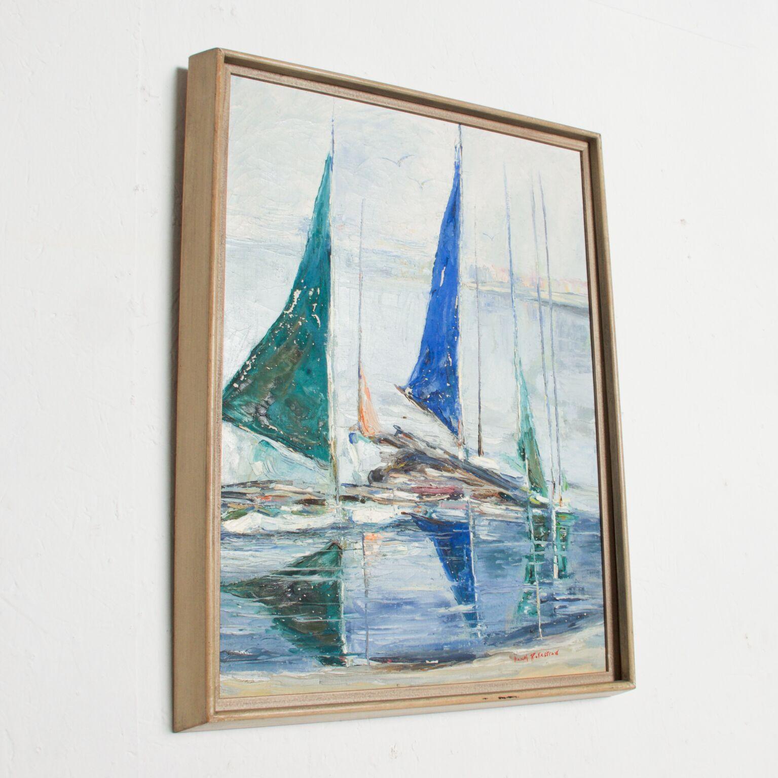 American 1960s Hazel Rakestraw Art Oil on Canvas Sail Boats California Modern