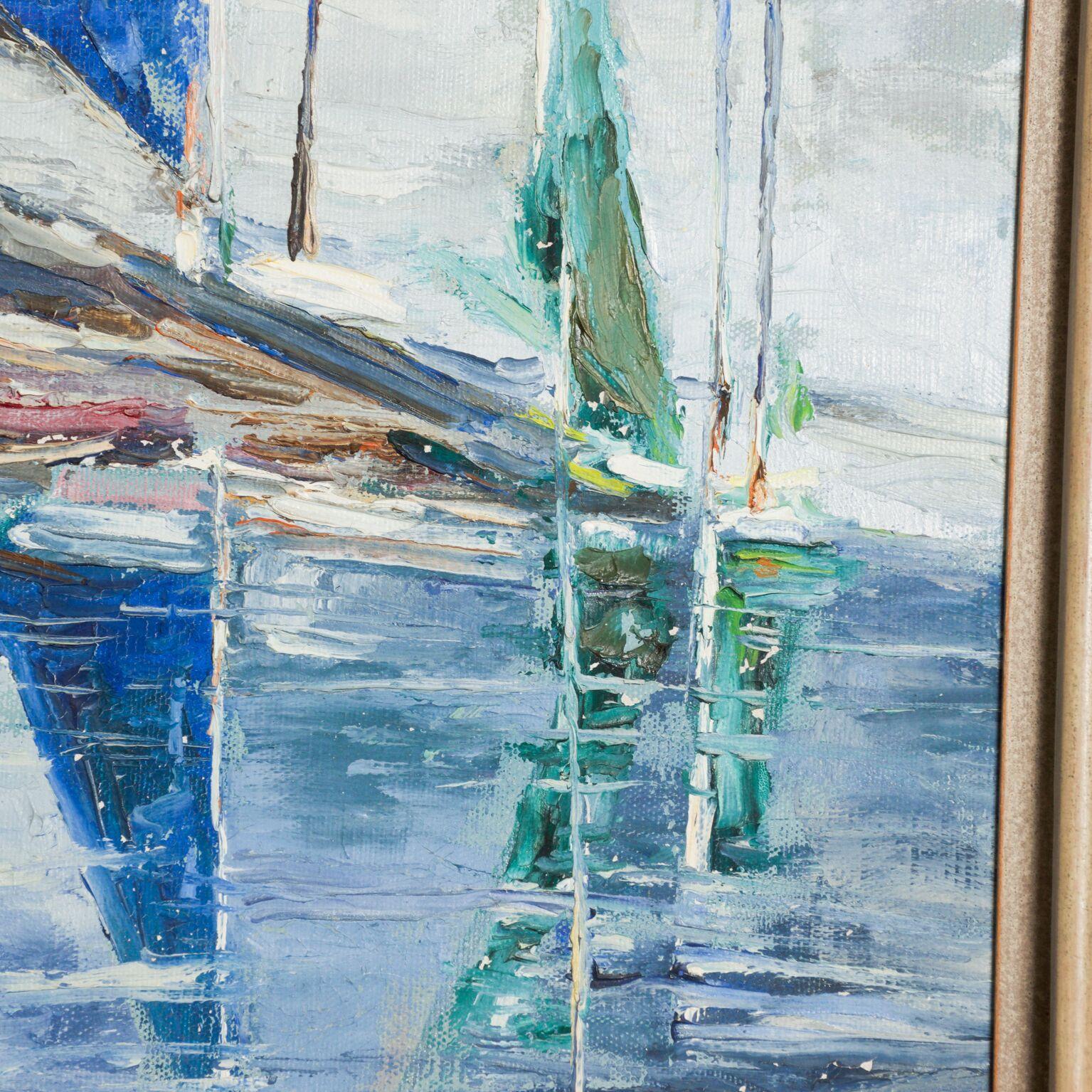 1960s Hazel Rakestraw Art Oil on Canvas Sail Boats California Modern 2