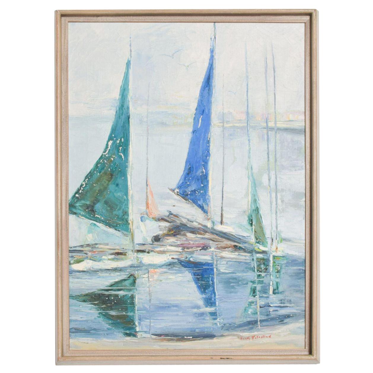 1960s Hazel Rakestraw Art Oil on Canvas Sail Boats California Modern