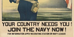 Original Your Country Needs You!  Join the Navy Now! vintage WW1 poster