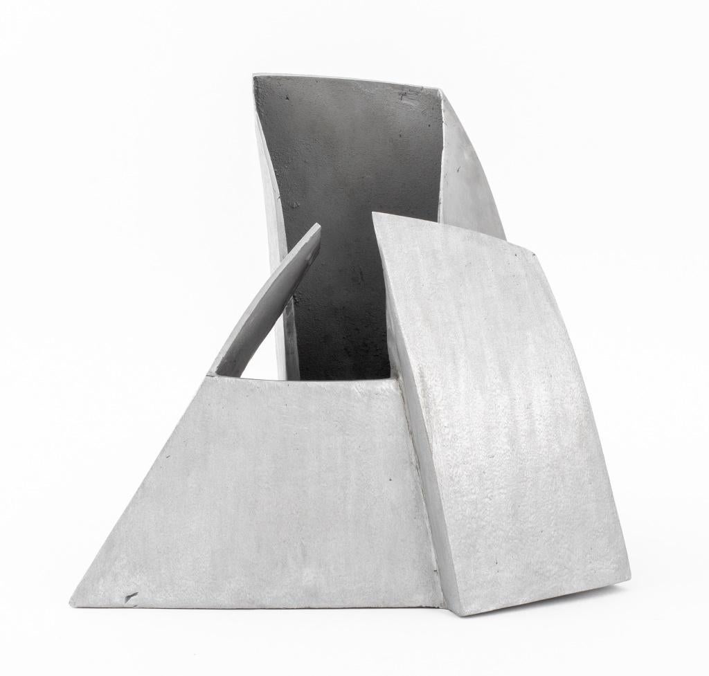 Hazel (XX) Modernist welded steel sculpture of geometric forms in the manner of Frank Owen Gehry (Canadian/American, b. 1929), 1981, signed and dated inside near base. 10.5