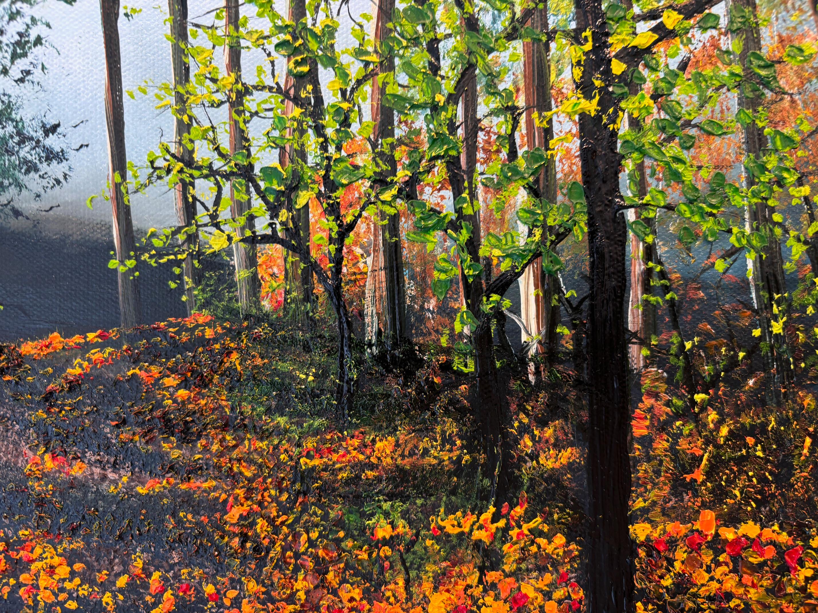 Un paseo a finales de otoño - pintura al óleo paisaje realismo original - arte contemporáneo - Landscape Painting Negro de Hazel Thomson