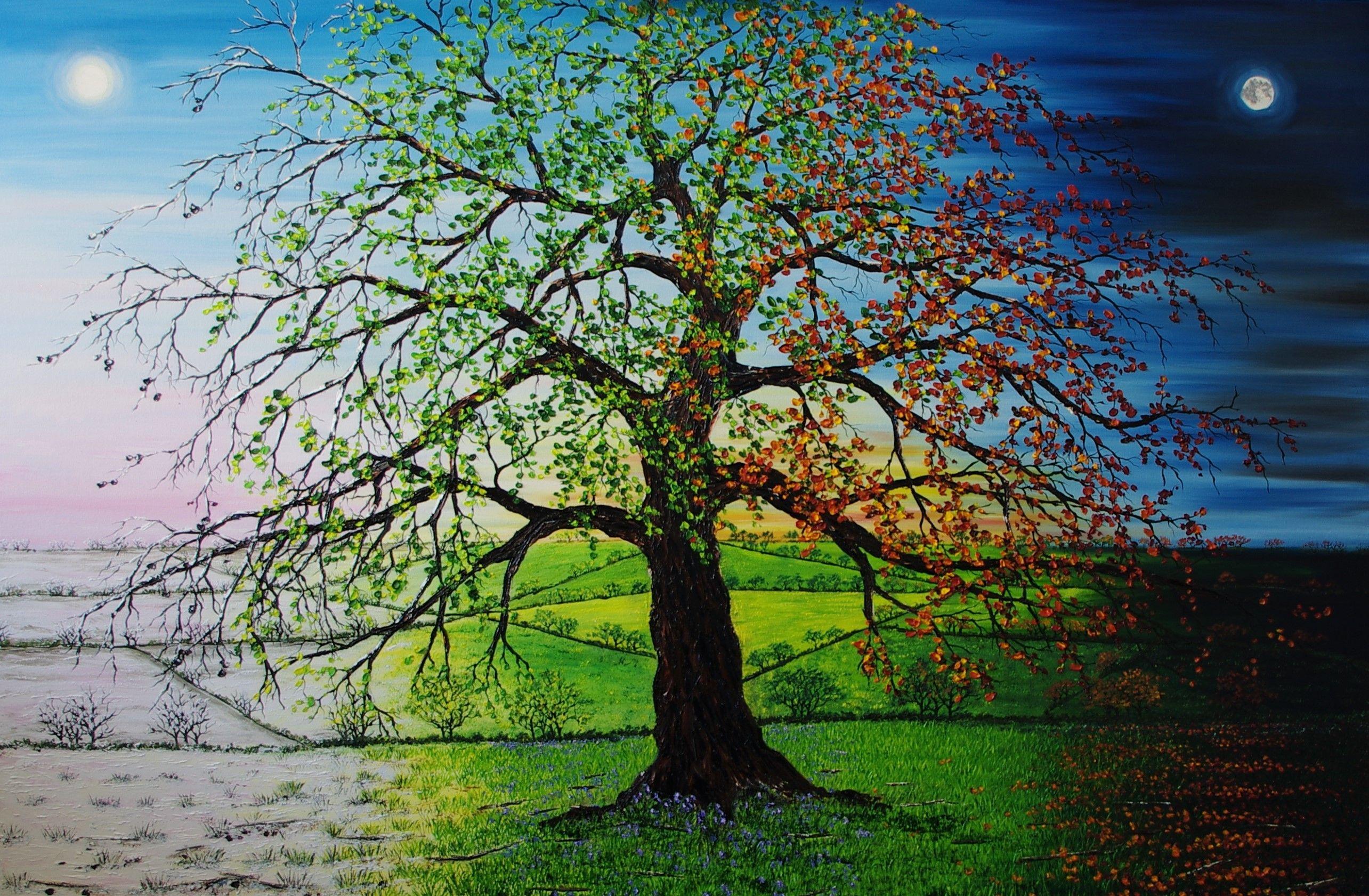 An experimental, impressionist Oil painting, of An Oak tree through the seasons and through time,  A scene of different atmospheres and colour pallets. Texured and also detailed with pallet knife and brush.  :: Painting :: Impressionist :: This