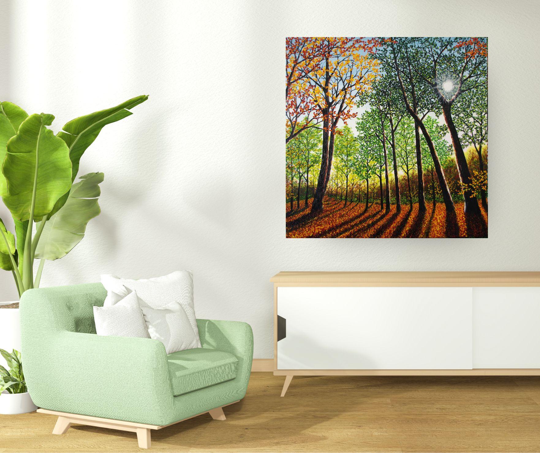 Esta excepcional obra de arte está actualmente expuesta y a la venta en la Galería de Arte Contemporáneo Signet y en Internet.

En Tarde de otoño, Hazel Thomson capta el tranquilo silencio de un paseo a la hora dorada por el bosque, utilizando óleo