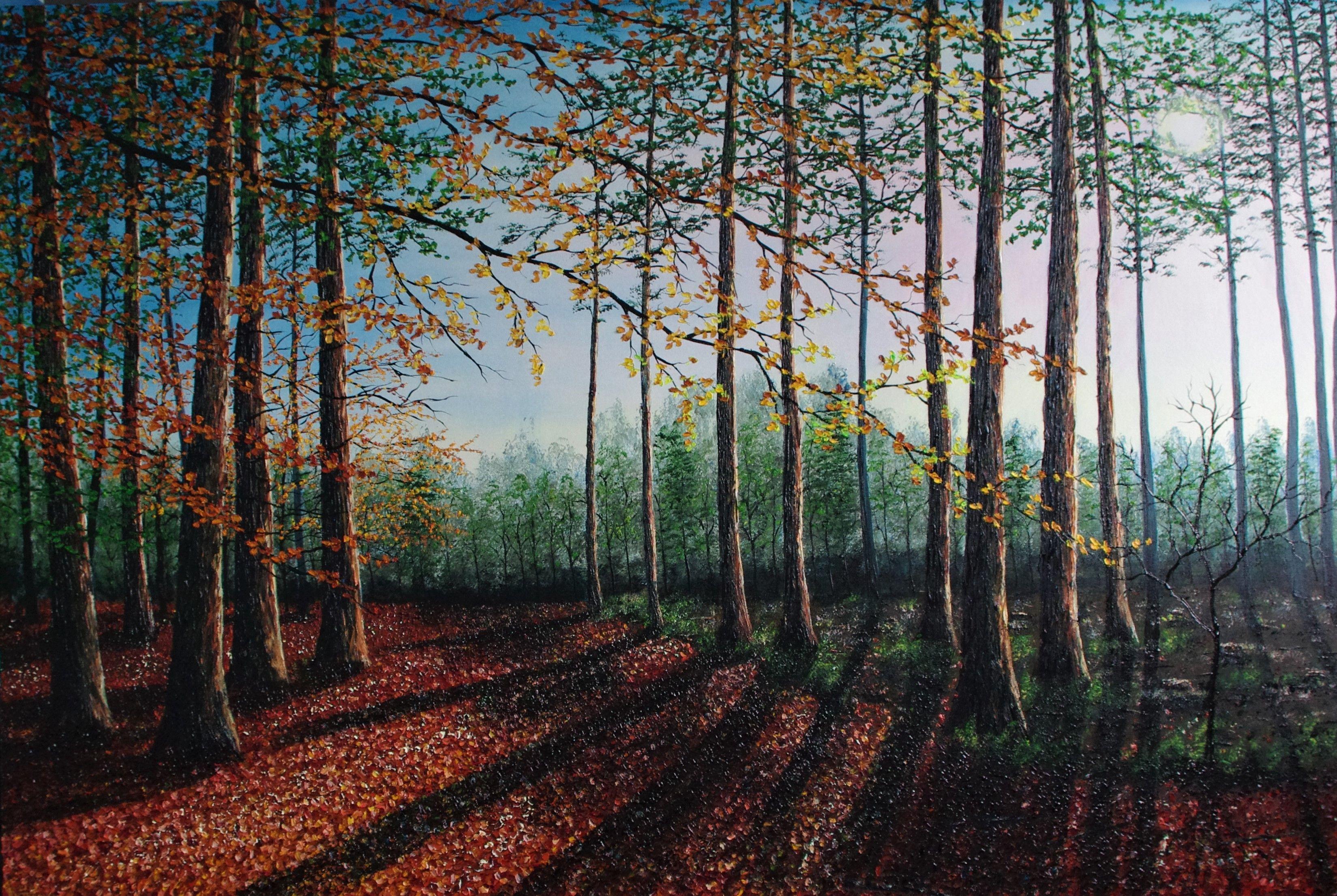 Textured oil painting of a forest in the season of late Autumn, in Part of this forest some of the trees have been felled to let in more light on to the forest floor, this increases the diversity of plants in our woodlands and encourages more