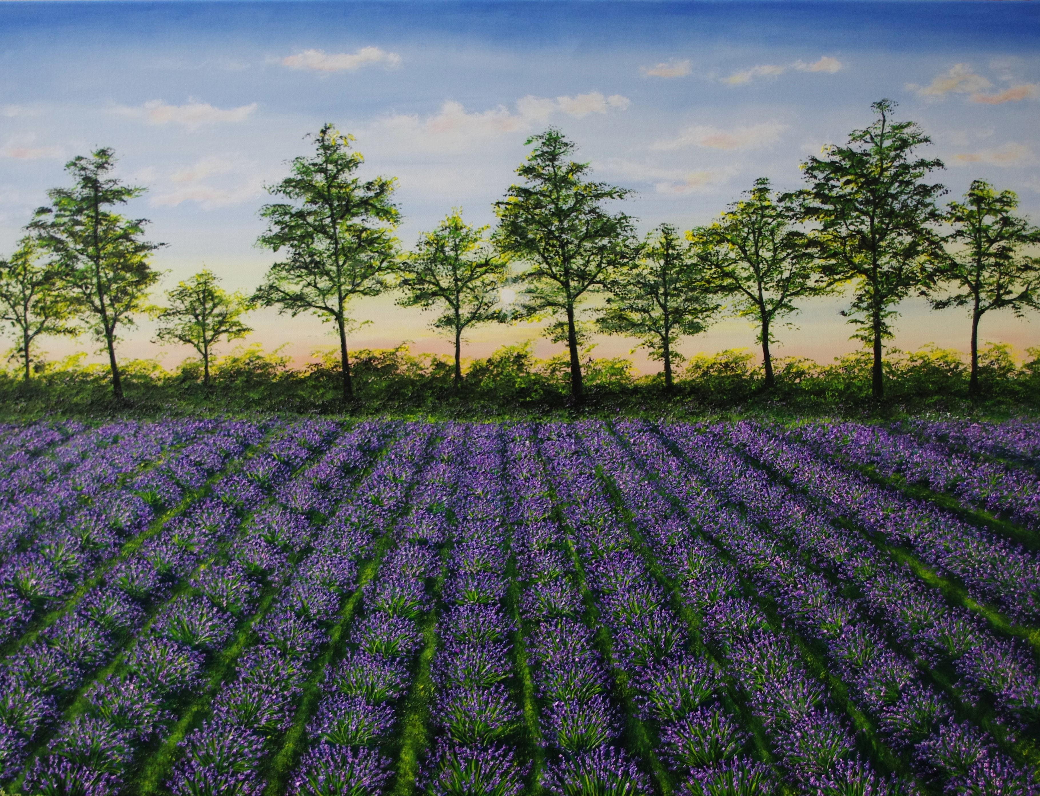 Hazel Thomson Landscape Painting - Lavender Sunset - original British landscape oil painting - contemporary art