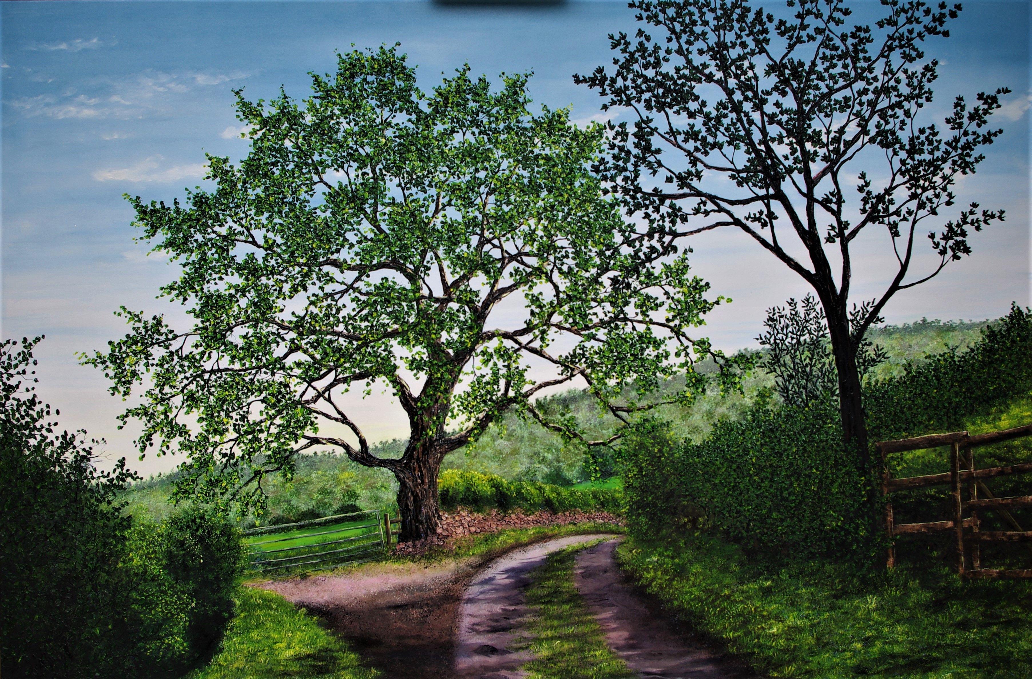 Textured oil painting of a country lane in the heart of cheshire.  Down this lane stands a mighty oak tree in the full bloom of summer, it has stood there along side the sandstone wall for hundreds of years giving shelter and life to all sorts of