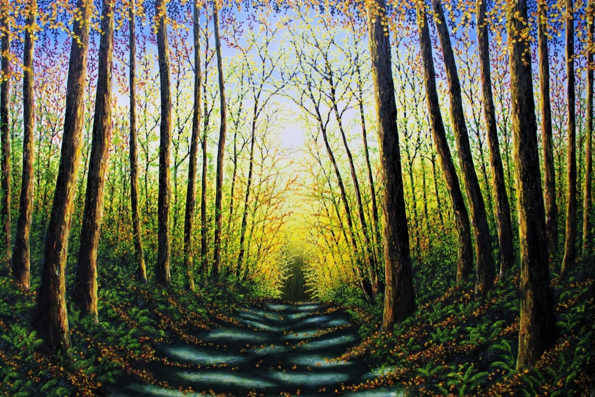 Hazel Thomson Landscape Painting – Patterns of Forest - Original britische Landschaft Ölgemälde - zeitgenössische Kunst