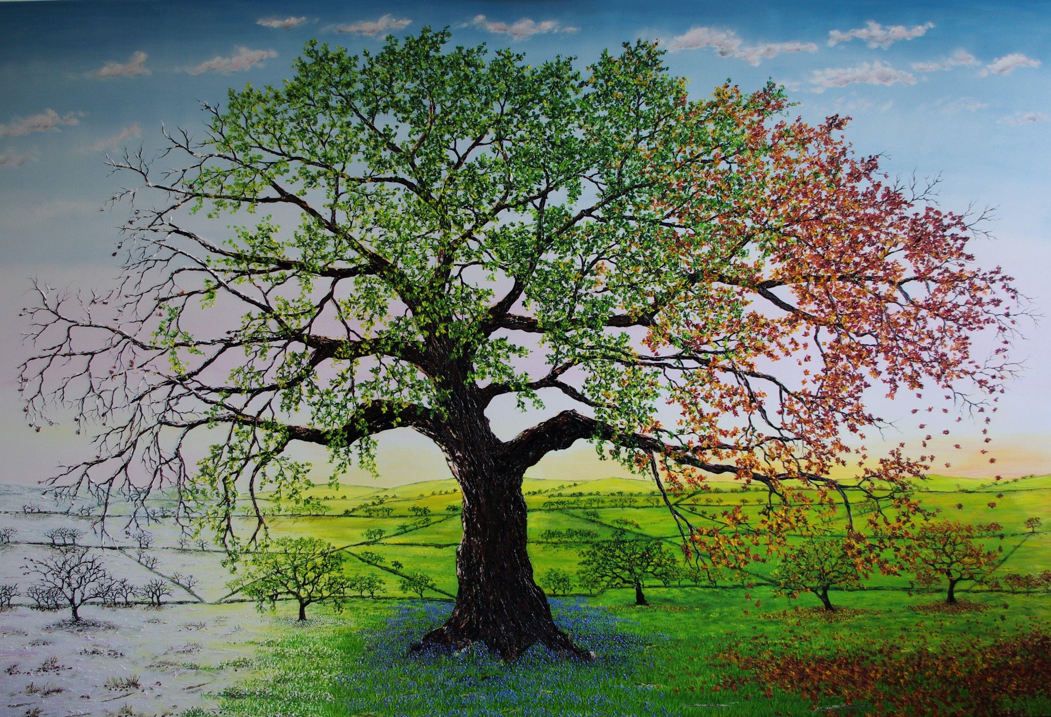 Extra large textured oil painting of an oak tree in all 4 seasons.  This painting was completed in public at the Stockport War Memorial Art Gallery and Museum, where I was artist in residence after winning the Peopleâ€™s choice award there in 2019