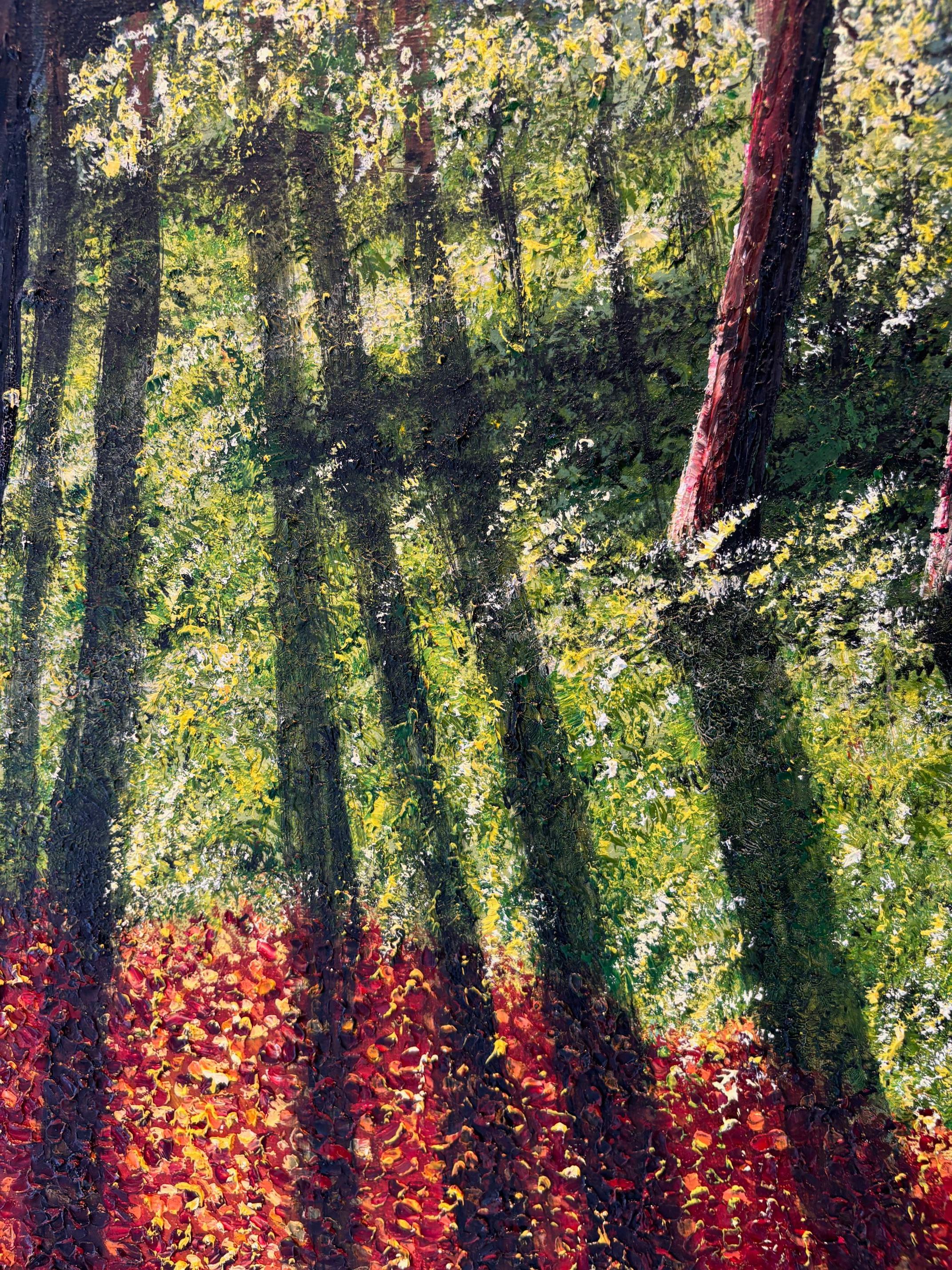Esta excepcional obra de arte está actualmente expuesta y a la venta en la Galería de Arte Contemporáneo Signet y en Internet. 

Sombras del bosque es un evocador y contemplativo óleo sobre lienzo de Hazel Thomson, que explora la interacción de la
