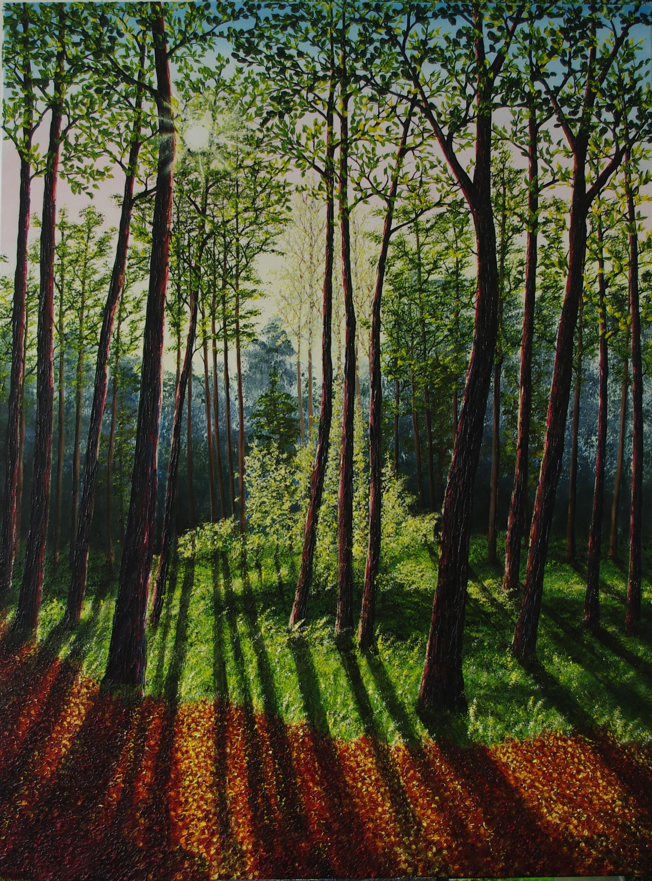 Landscape Painting de Hazel Thomson - Sombras del bosque - pintura al óleo paisaje realismo original - arte contemporáneo