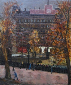Trafalgar Square London - British art 50's Impressionist oil painting cityscape