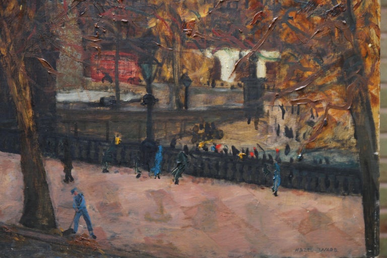 A fine London landscape oil painting which dates to circa 1950 by noted British female artist Hazel Ward.  It is a super impressionist oil painting which depicts Trafalgar Square in the 1950's and takes its vantage point from the steps of the