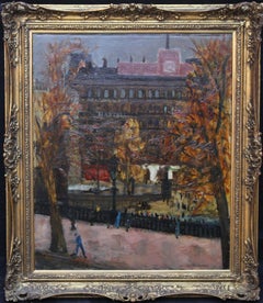 Trafalgar Square London - British art 50's Impressionist oil painting cityscape