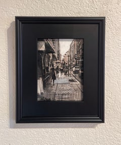 "Brooklyn Shops (Brooklyn)" - Paesaggio urbano impressionista, pittura a tecnica mista