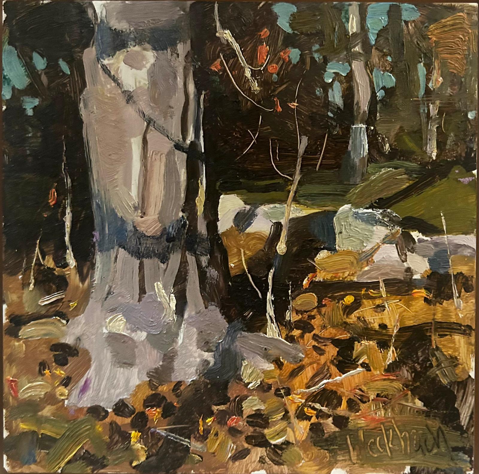 Hazel Z Weckbach Landscape Painting - "Buried Wall (Old Lyme)" - Impressionist Landscape Oil Painting on Panel