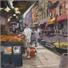 "Farmer's Market (Brooklyn)" - Impressionist Cityscape, Oil Painting on Panel