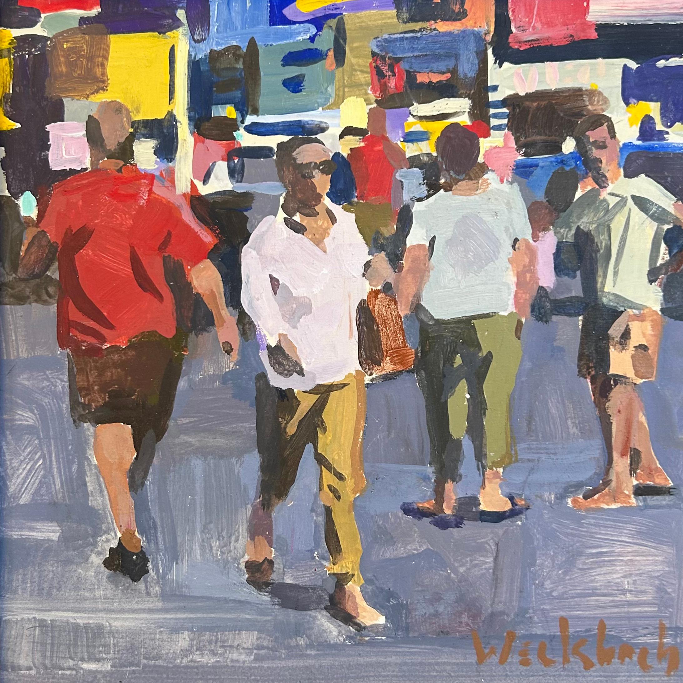 Hazel Z Weckbach Figurative Painting – "Fußgängerverkehr" Original Impressionist Stadtbild, Ölgemälde