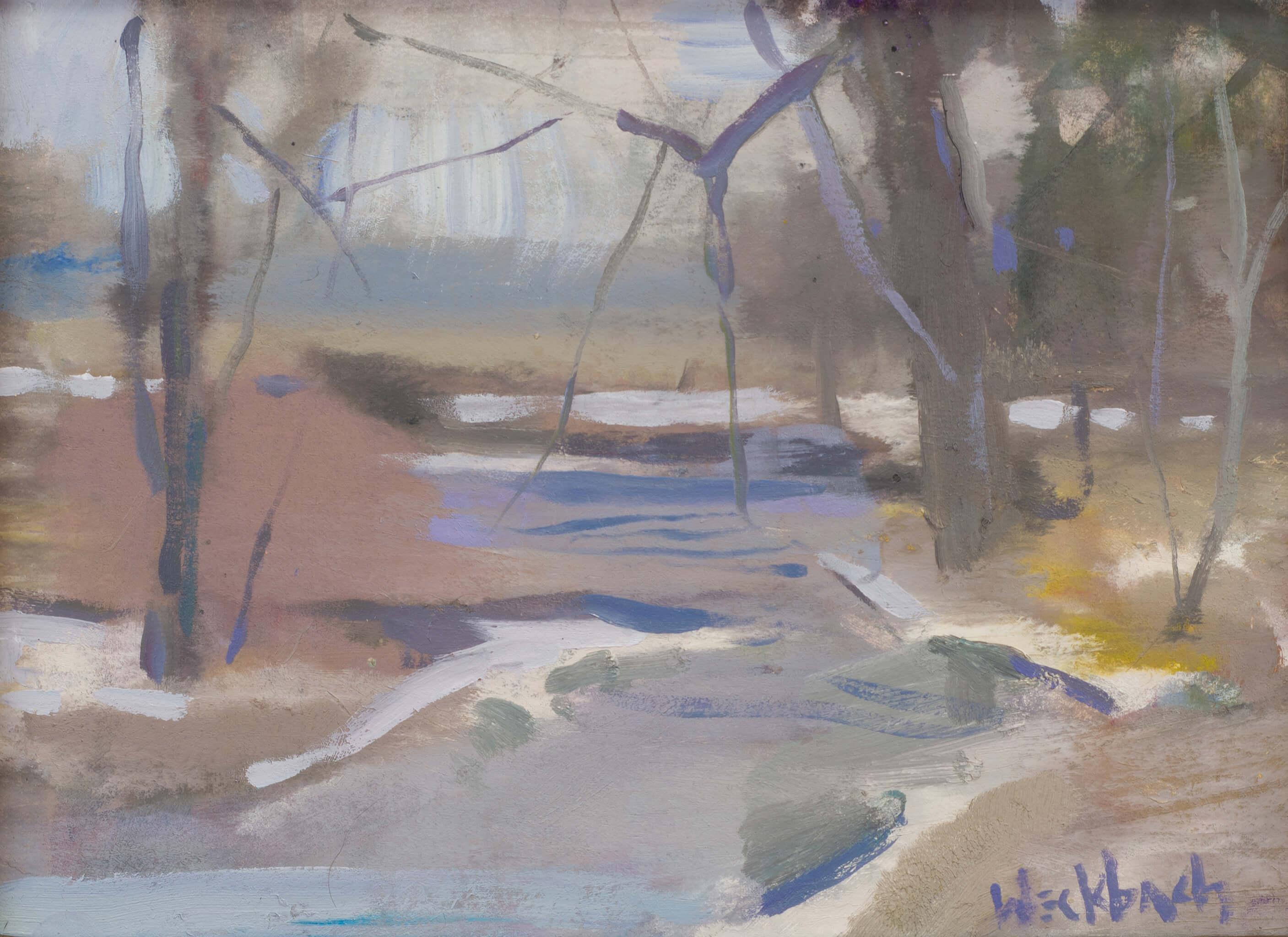 "Tono gris" (2023), Pintura al óleo original impresionista Paisaje forestal
