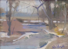 "Tono gris" (2023), Pintura al óleo original impresionista Paisaje forestal