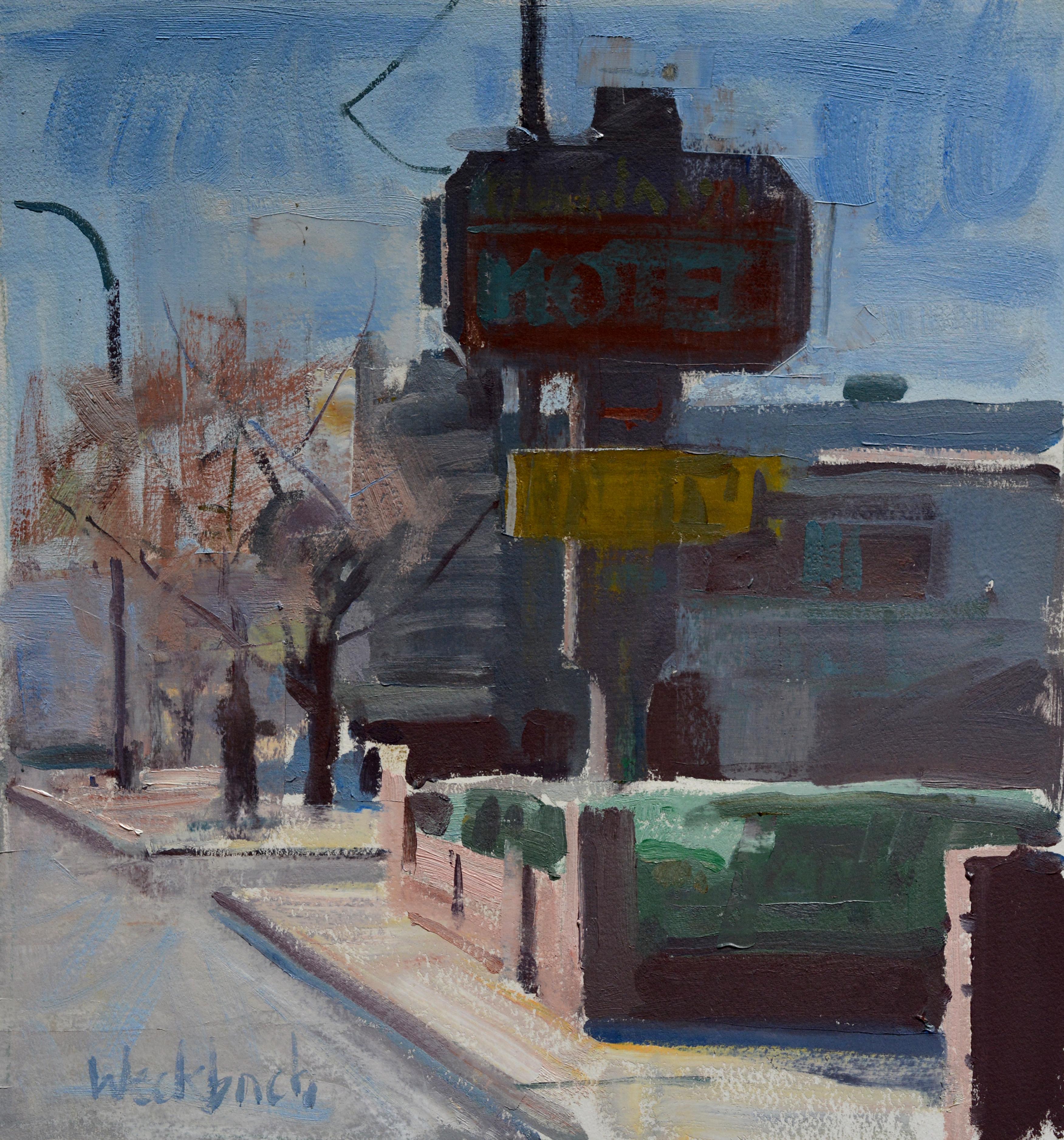 Hazel Z Weckbach Figurative Painting – "Motel" (2017), Original Impressionistisches Stadtbild, Ölgemälde auf Papier