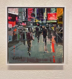 "Night Out (Times Square)" - Impressionist Cityscape, Oil Painting on Panel