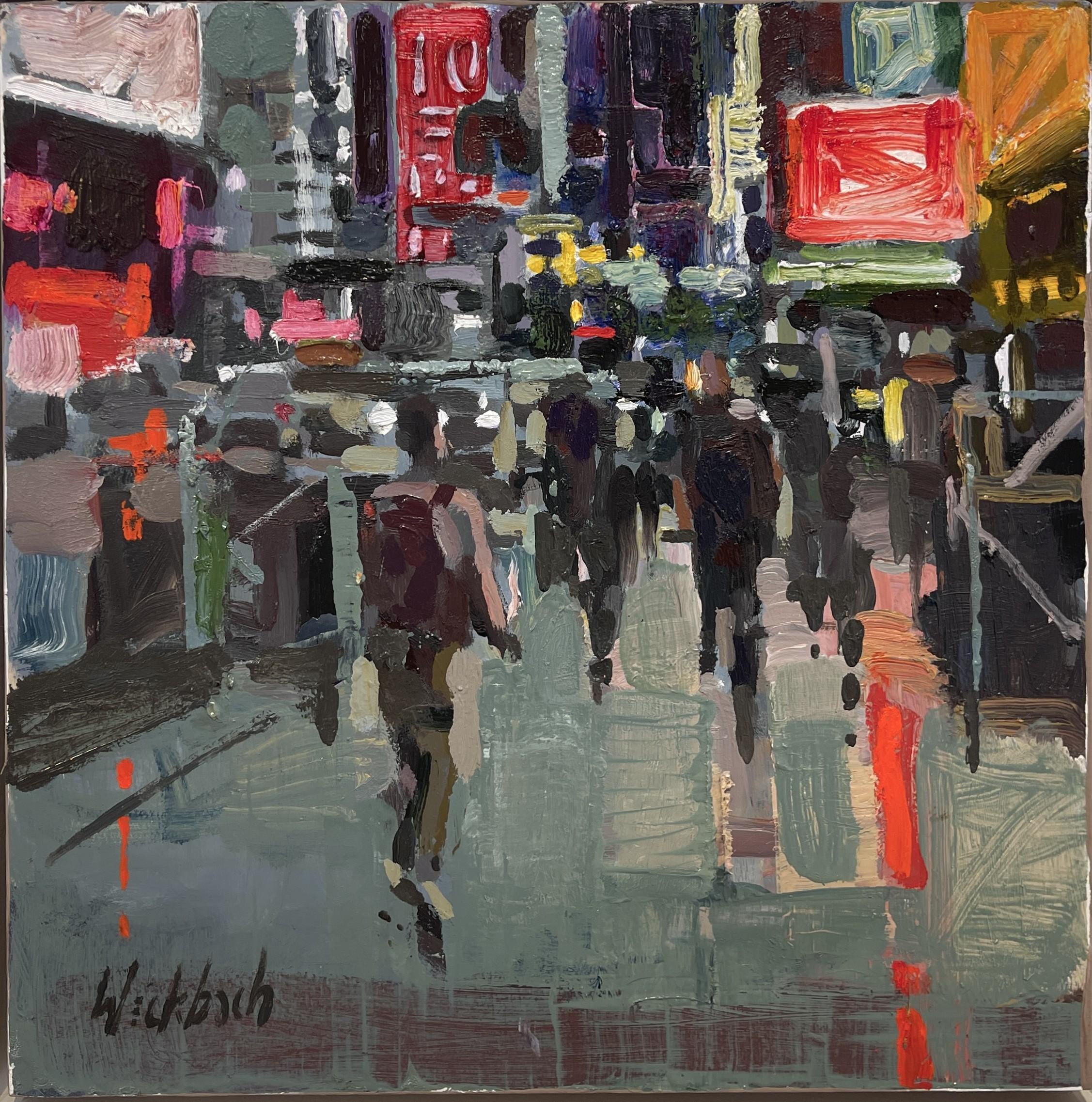 Hazel Z Weckbach Landscape Painting - "Night Out (Times Square)" - Impressionist Cityscape, Oil Painting on Panel