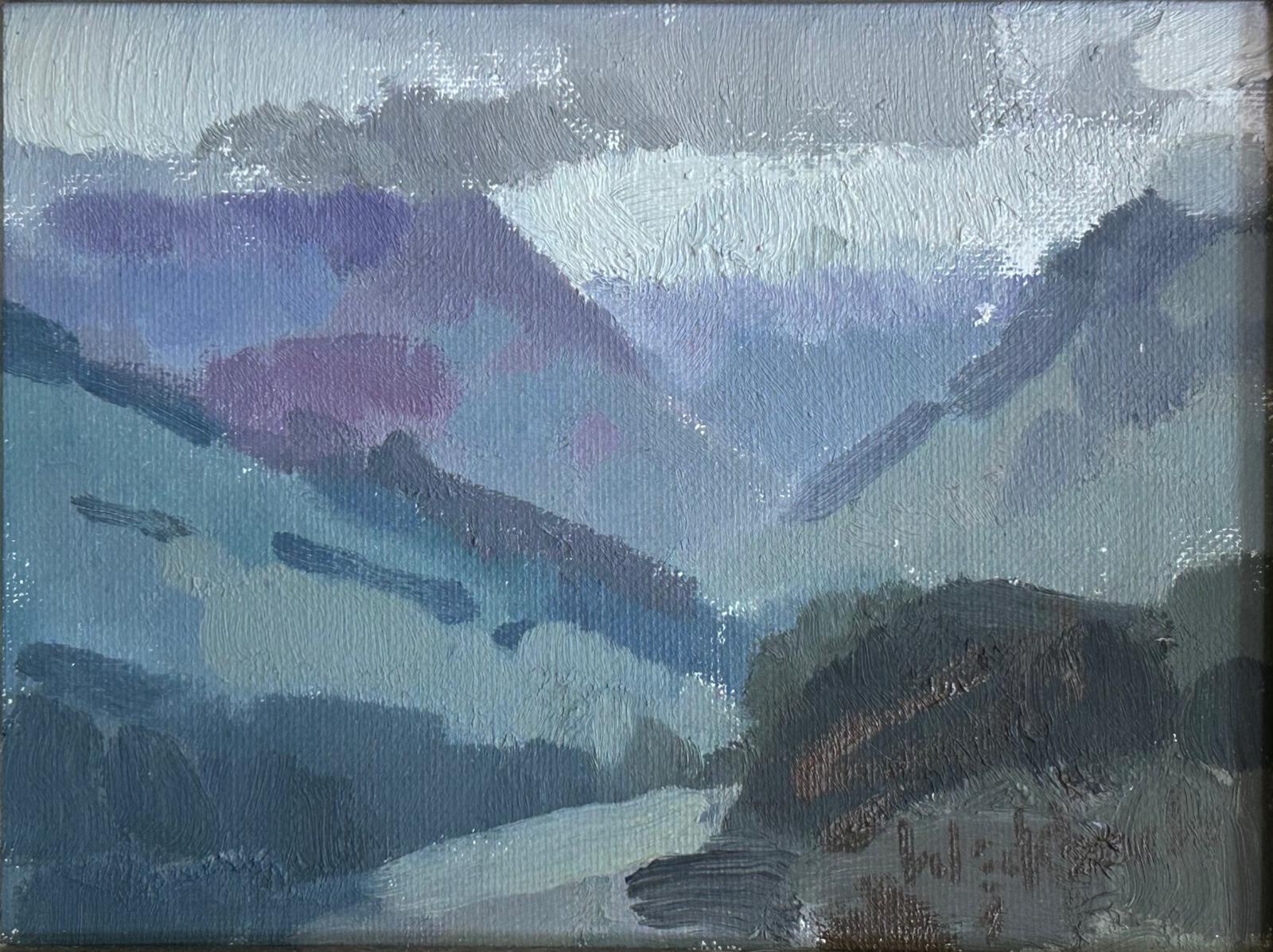 Hazel Z Weckbach Landscape Painting - "Rainy Mountains" - Impressionist Landscape, Oil Painting on Panel