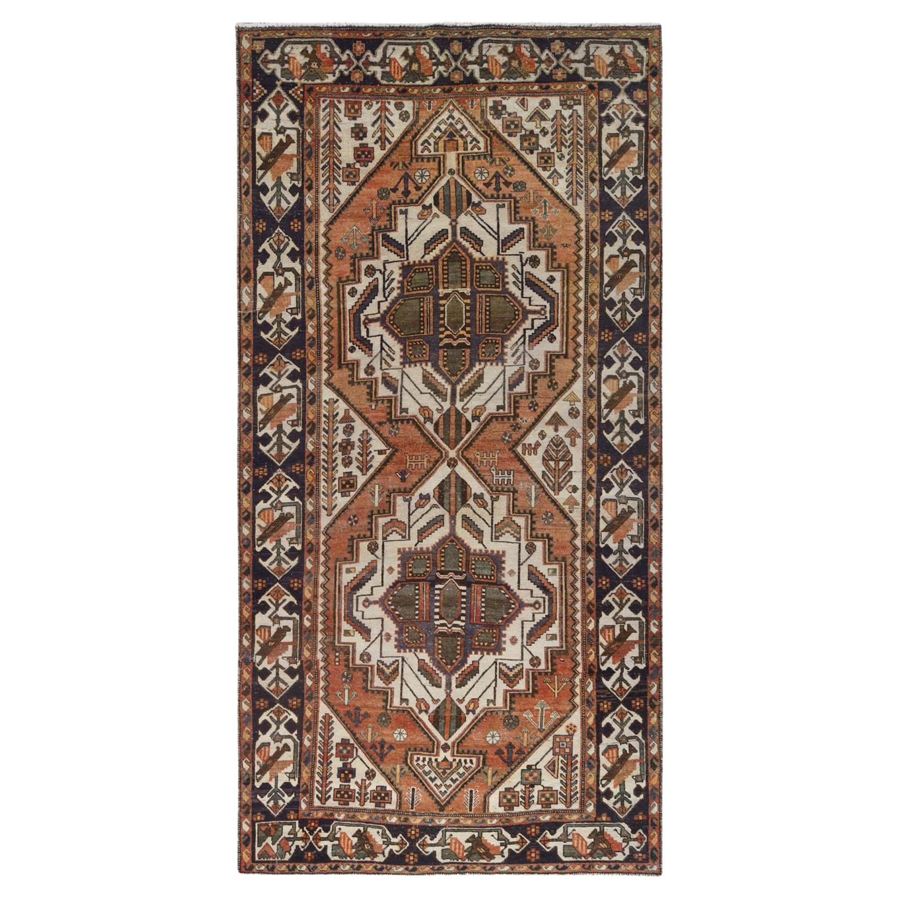 Hazelnut Brown, Distressed Worn Wool Hand Knotted, Vintage Persian Bakhtiar Rug