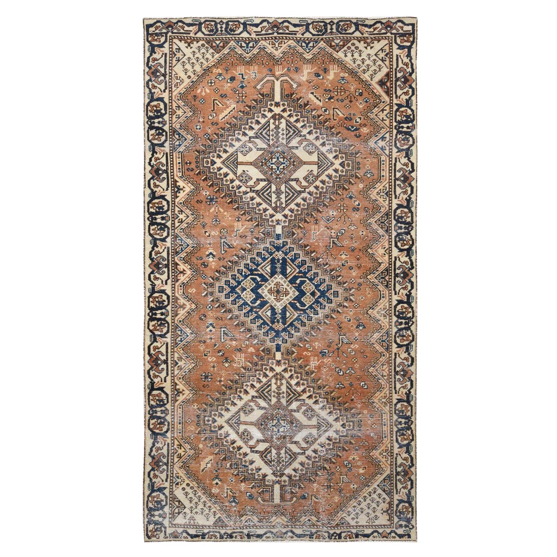 Hazelnut Brown, Hand Knotted Vintage Persian Bakhtiar, Worn Wool Distressed Rug For Sale