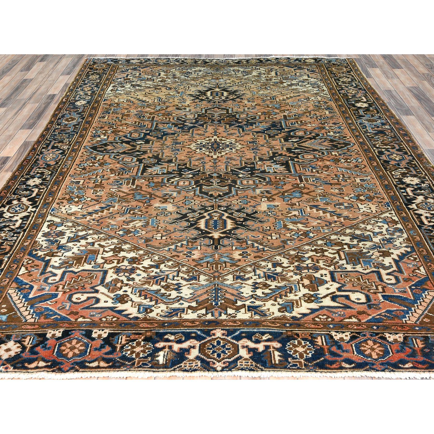 Medieval Hazelnut Brown Hand Knotted Vintage Persian Heriz Distressed Feel Worn Wool Rug