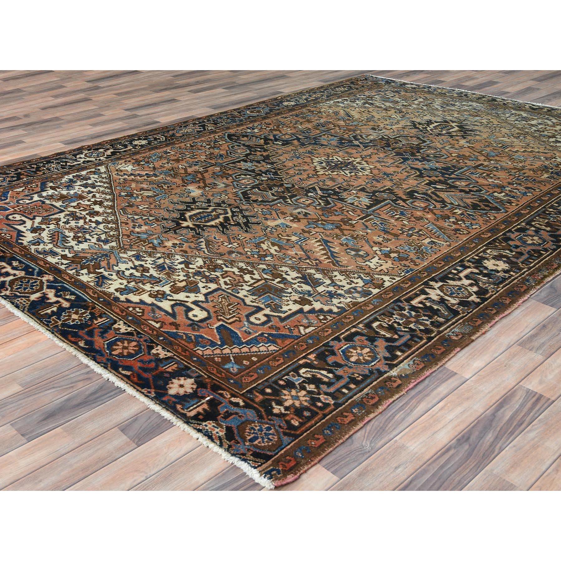 Hand-Knotted Hazelnut Brown Hand Knotted Vintage Persian Heriz Distressed Feel Worn Wool Rug