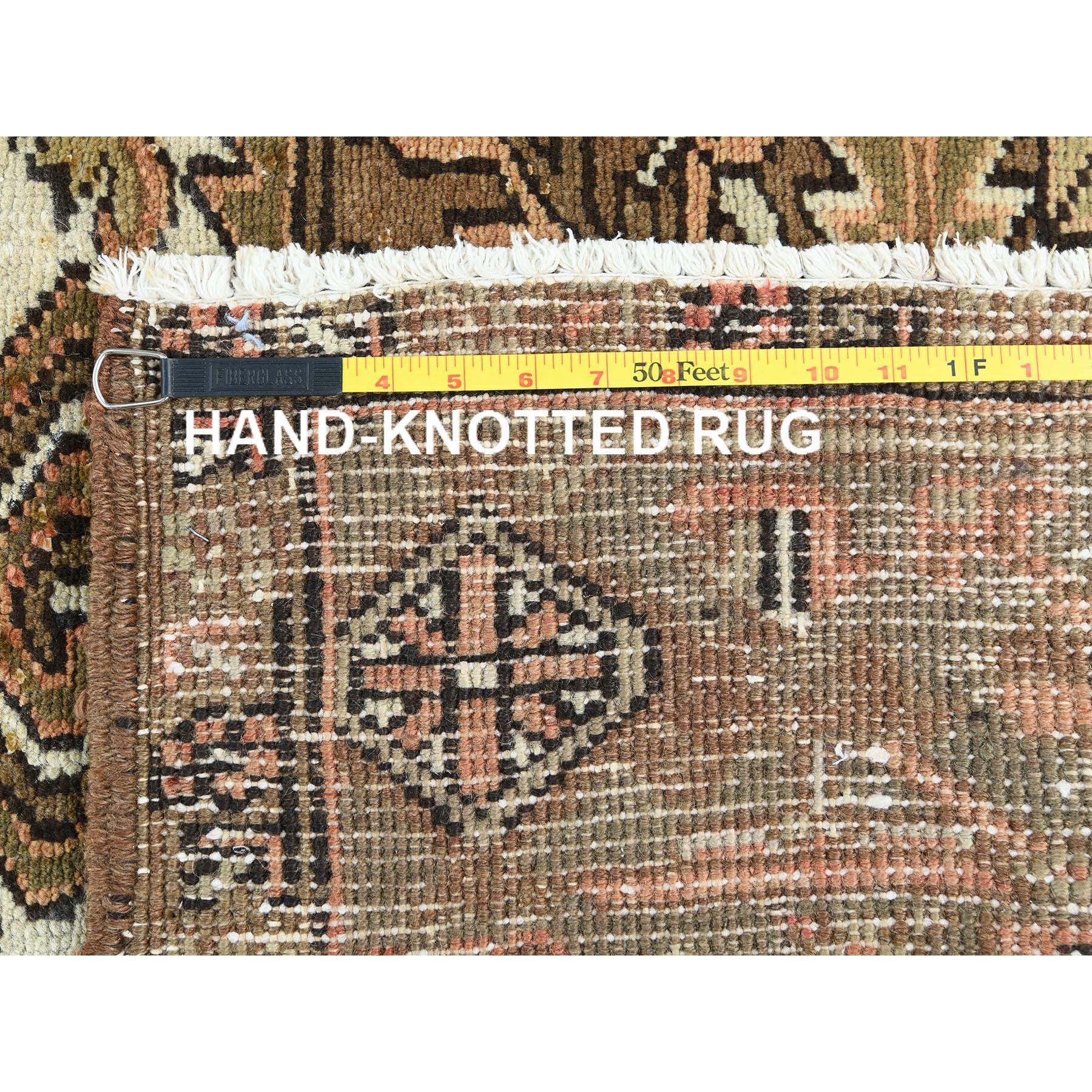 Hazelnut Brown Hand Knotted Vintage Persian Heriz Worn Down Rustic Feel Wool Rug 6