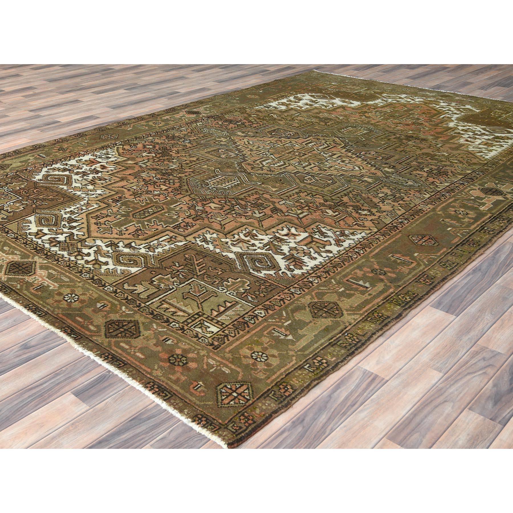 Hand-Knotted Hazelnut Brown Hand Knotted Vintage Persian Heriz Worn Down Rustic Feel Wool Rug