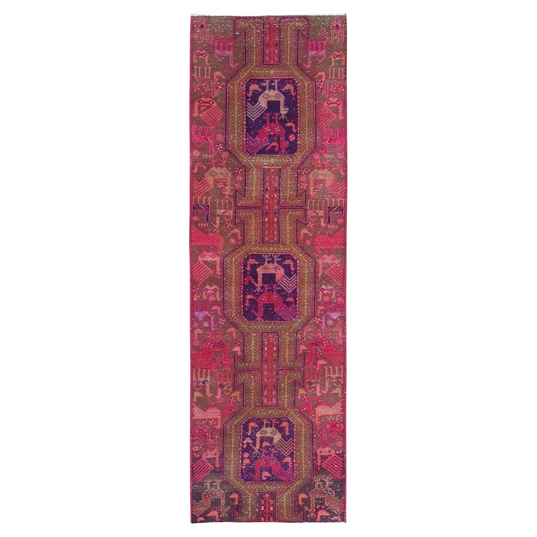 Hazelnut Brown with Pink & Purple, Northwest Persian, Hand Knotted Worn Wool Rug