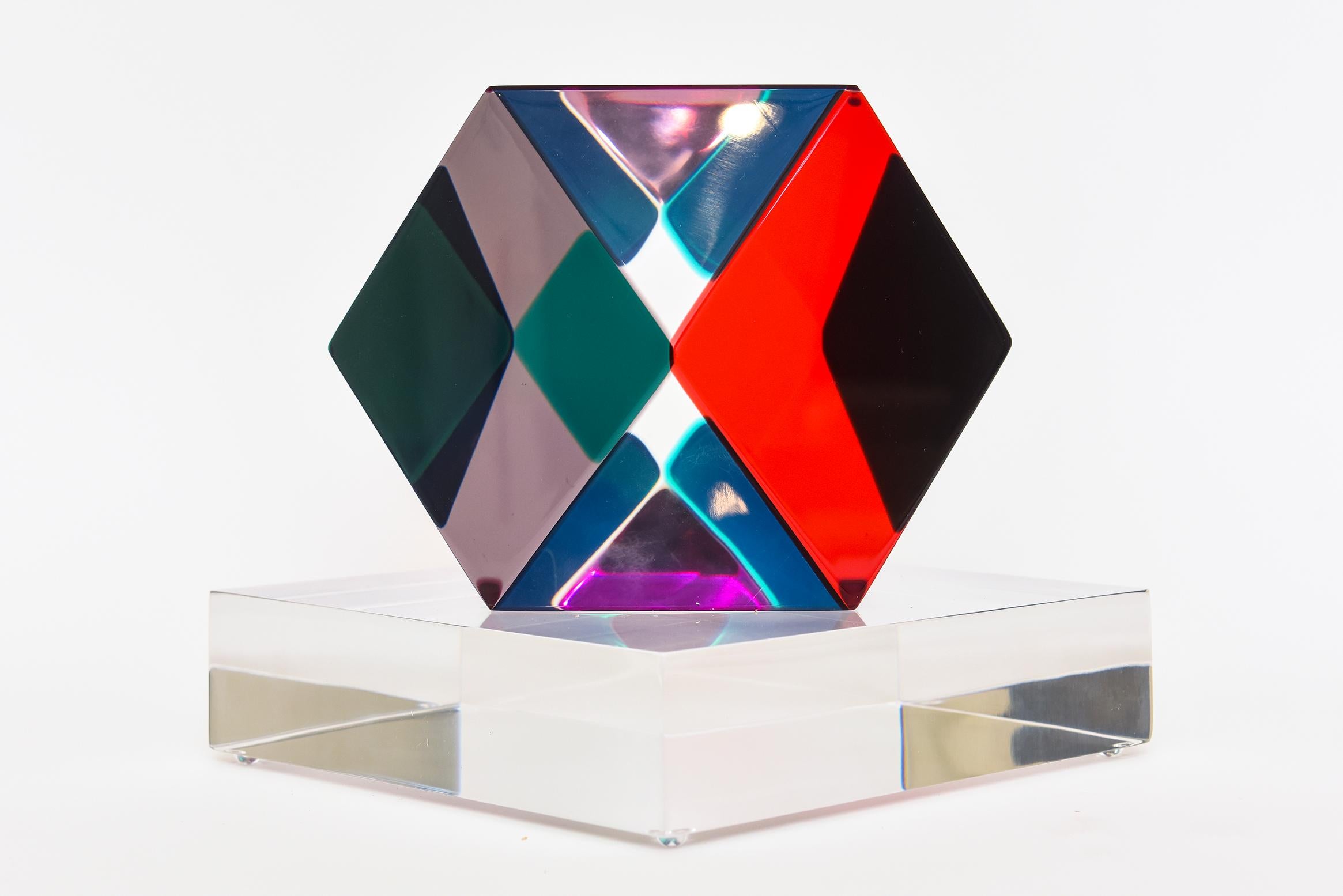 Modern Haziza Signed Lucite Red, Purple, Green, Clear Polycon Sculpture on Lucite Base