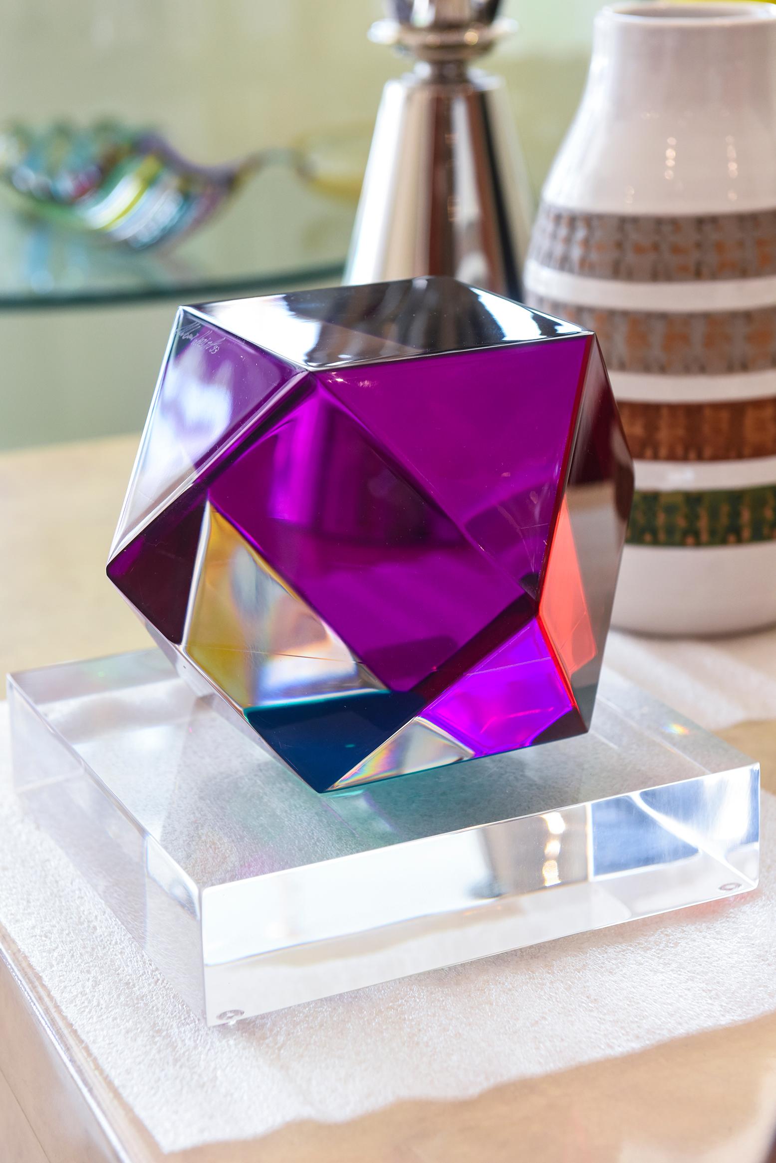American Haziza Signed Lucite Red, Purple, Green, Clear Polycon Sculpture on Lucite Base