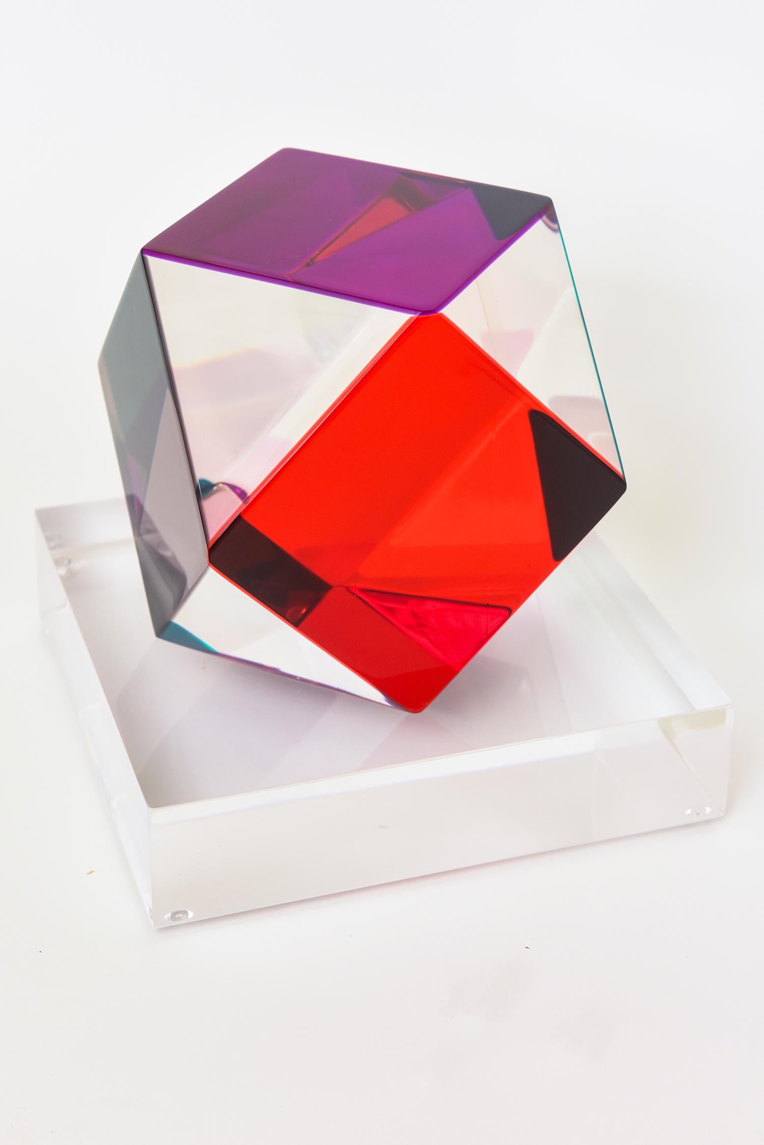 Haziza Signed Lucite Red, Purple, Green, Clear Polycon Sculpture on Lucite Base 1