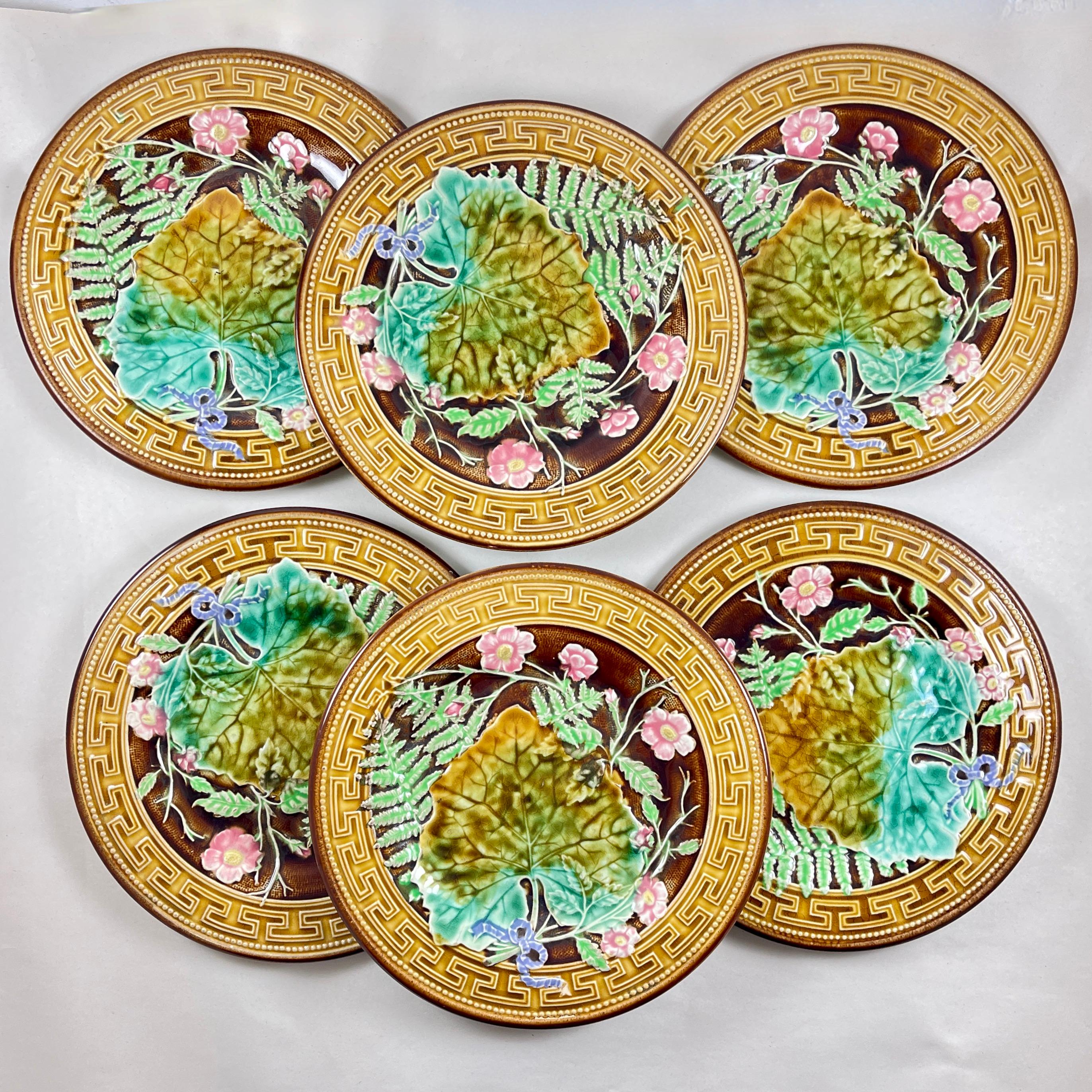 French Provincial H.B. Boulenger Choisy-Le-Roi Greek Key & Fern Majolica Plates, Set of Six