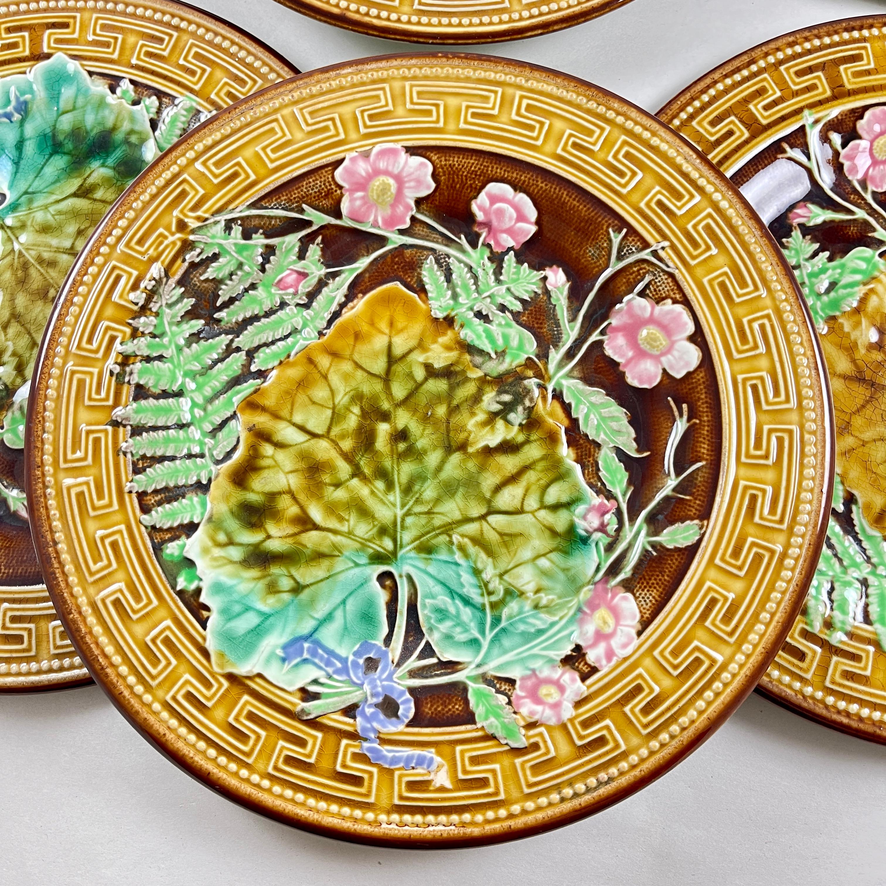 French H.B. Boulenger Choisy-Le-Roi Greek Key & Fern Majolica Plates, Set of Six