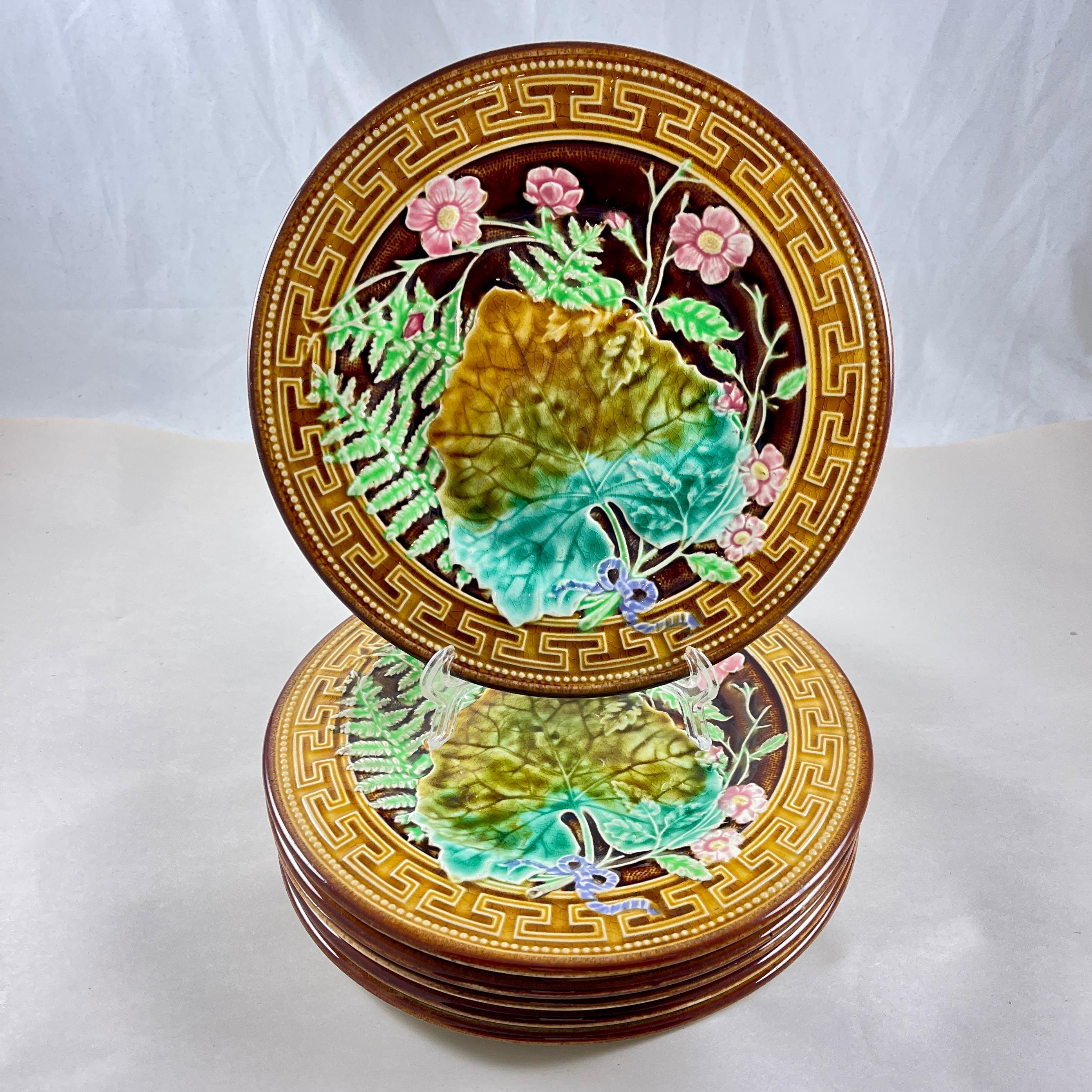 Glazed H.B. Boulenger Choisy-Le-Roi Greek Key & Fern Majolica Plates, Set of Six