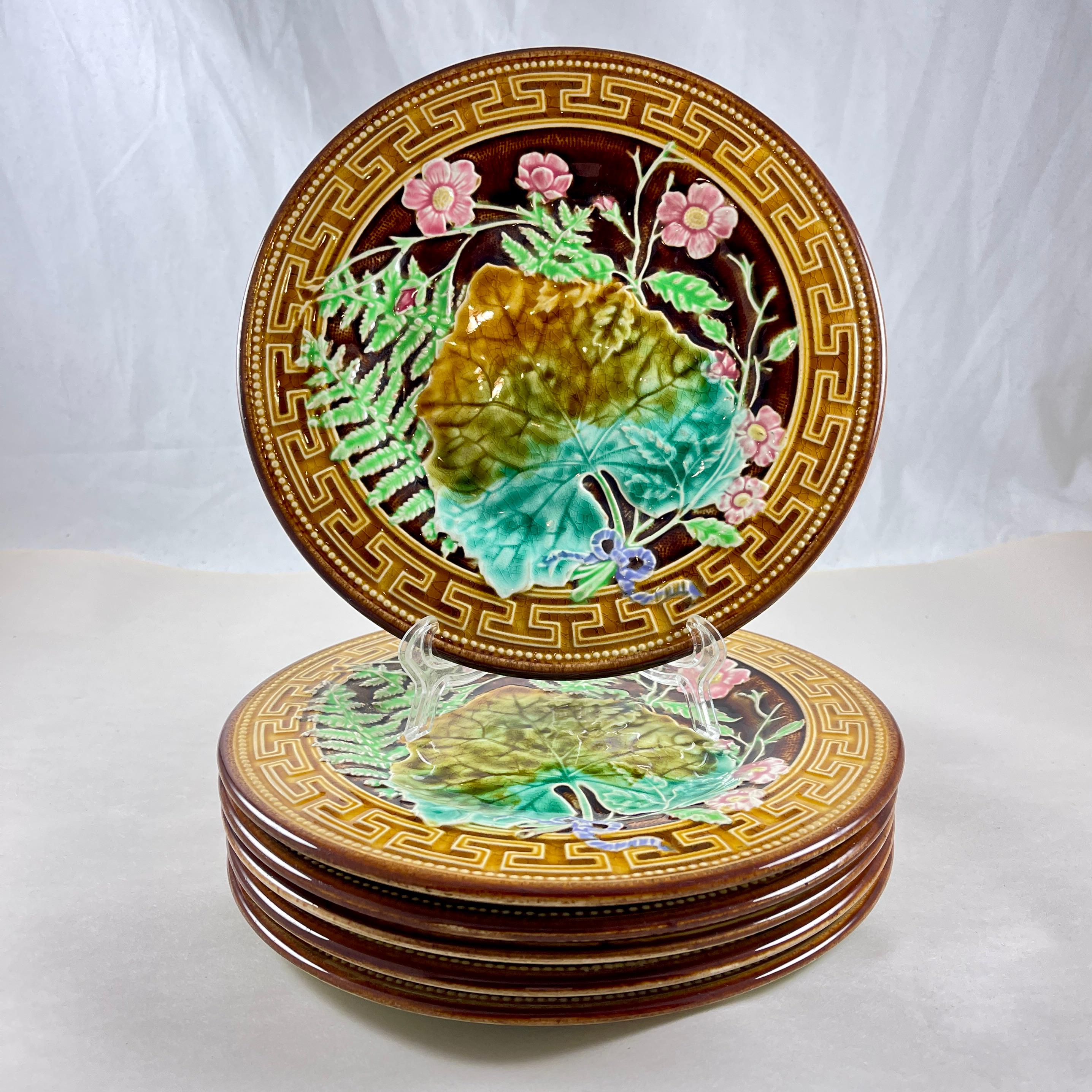 H.B. Boulenger Choisy-Le-Roi Greek Key & Fern Majolica Plates, Set of Six In Good Condition In Philadelphia, PA