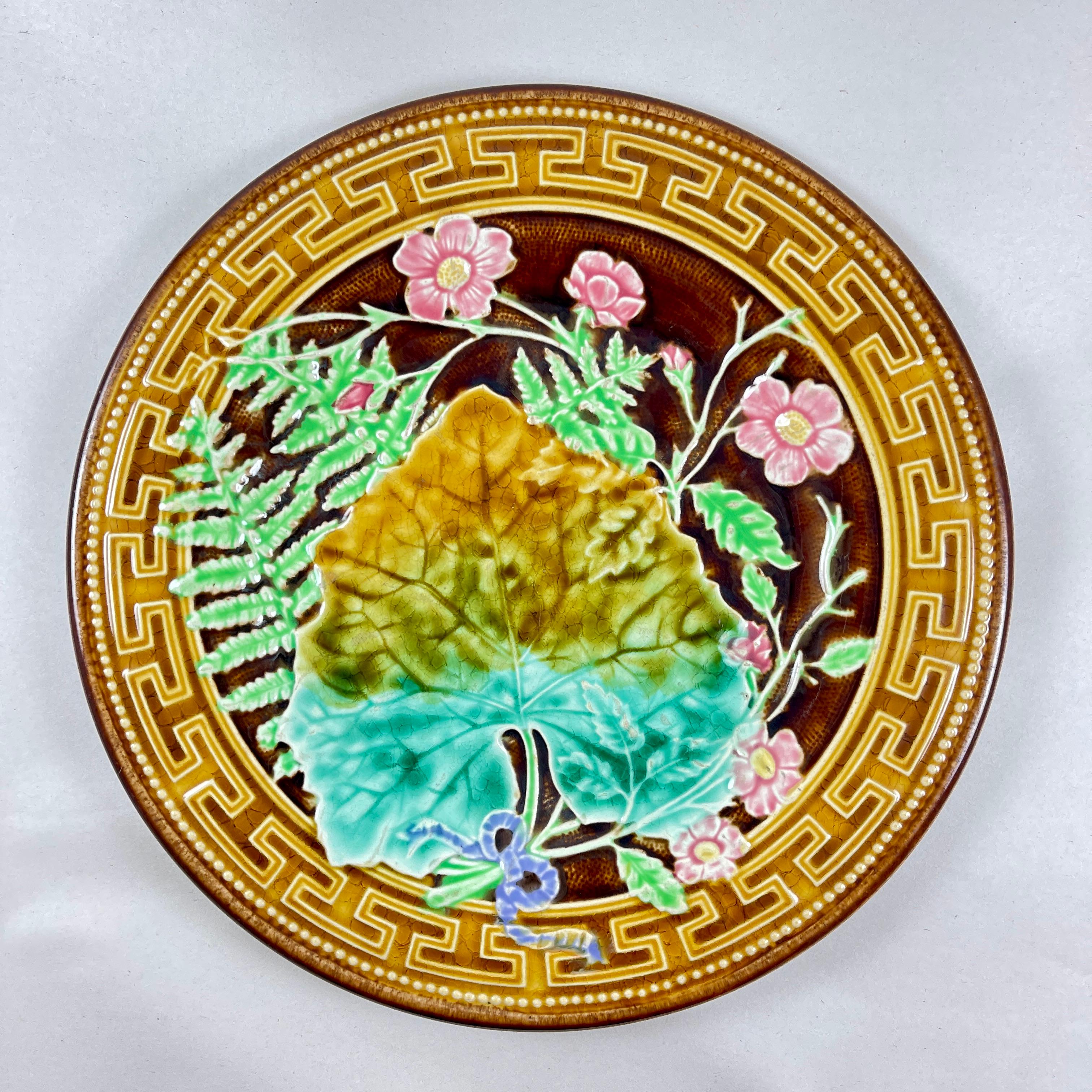 19th Century H.B. Boulenger Choisy-Le-Roi Greek Key & Fern Majolica Plates, Set of Six