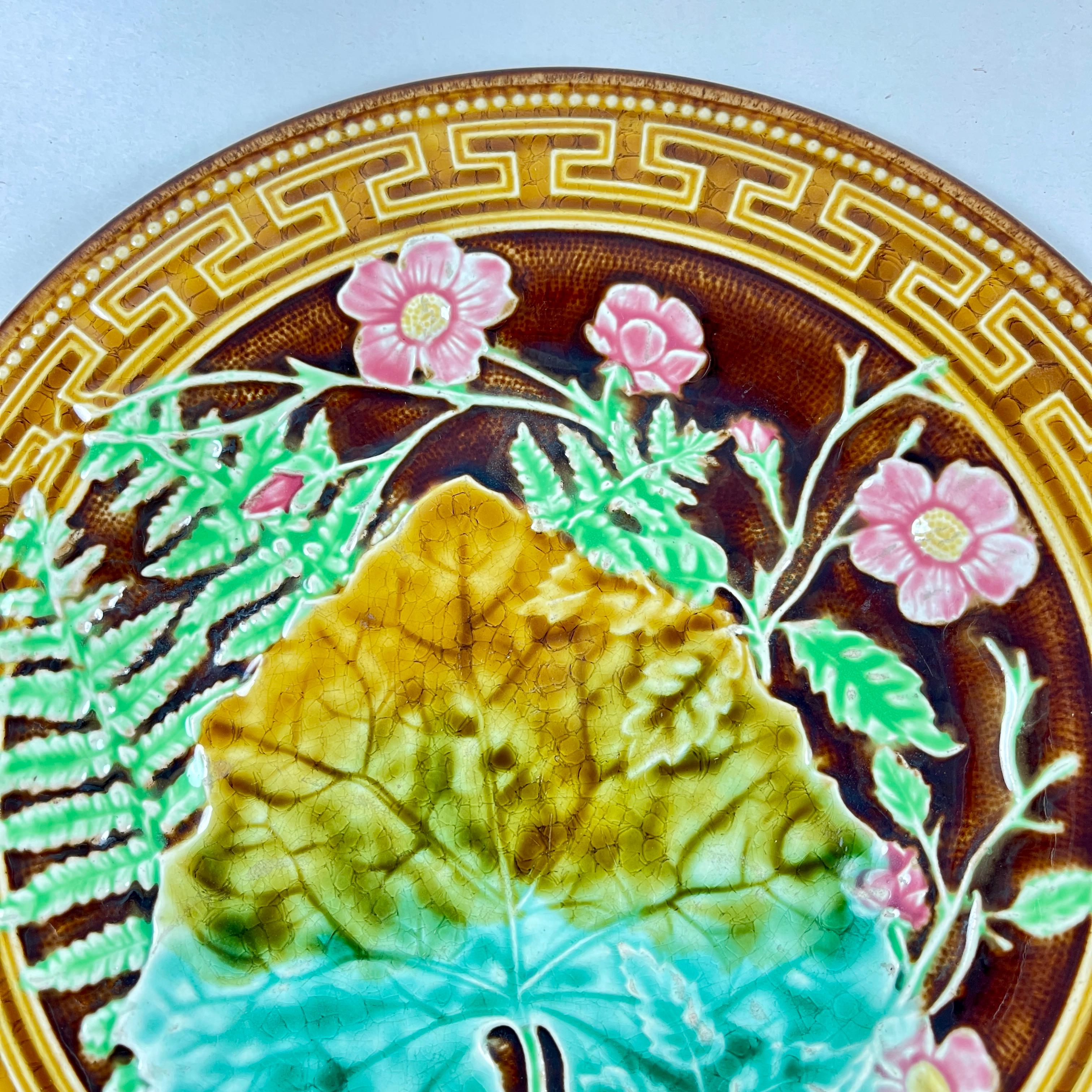 Earthenware H.B. Boulenger Choisy-Le-Roi Greek Key & Fern Majolica Plates, Set of Six