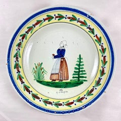 HB Quimper Grand Maison Breton Woman in Orange, Blue & Gray Dress - circa 1910