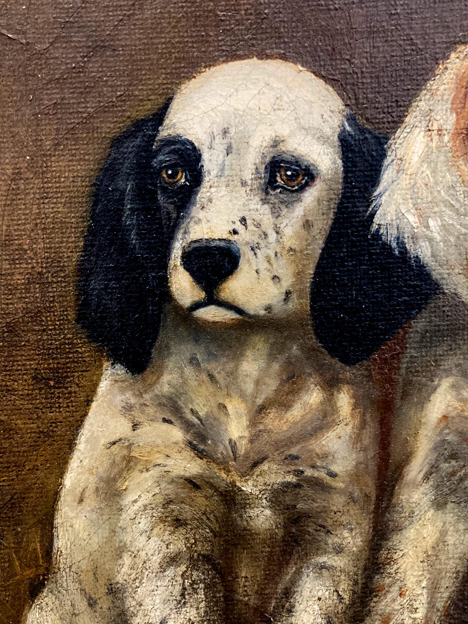 This work by Harry B. Tallman is a pertinent example of his vividly alive works portraying two English Setter Puppies with in a barn filled with hay. The details are truly exquisite, as Tallman was a Realist academic painter. This piece is an