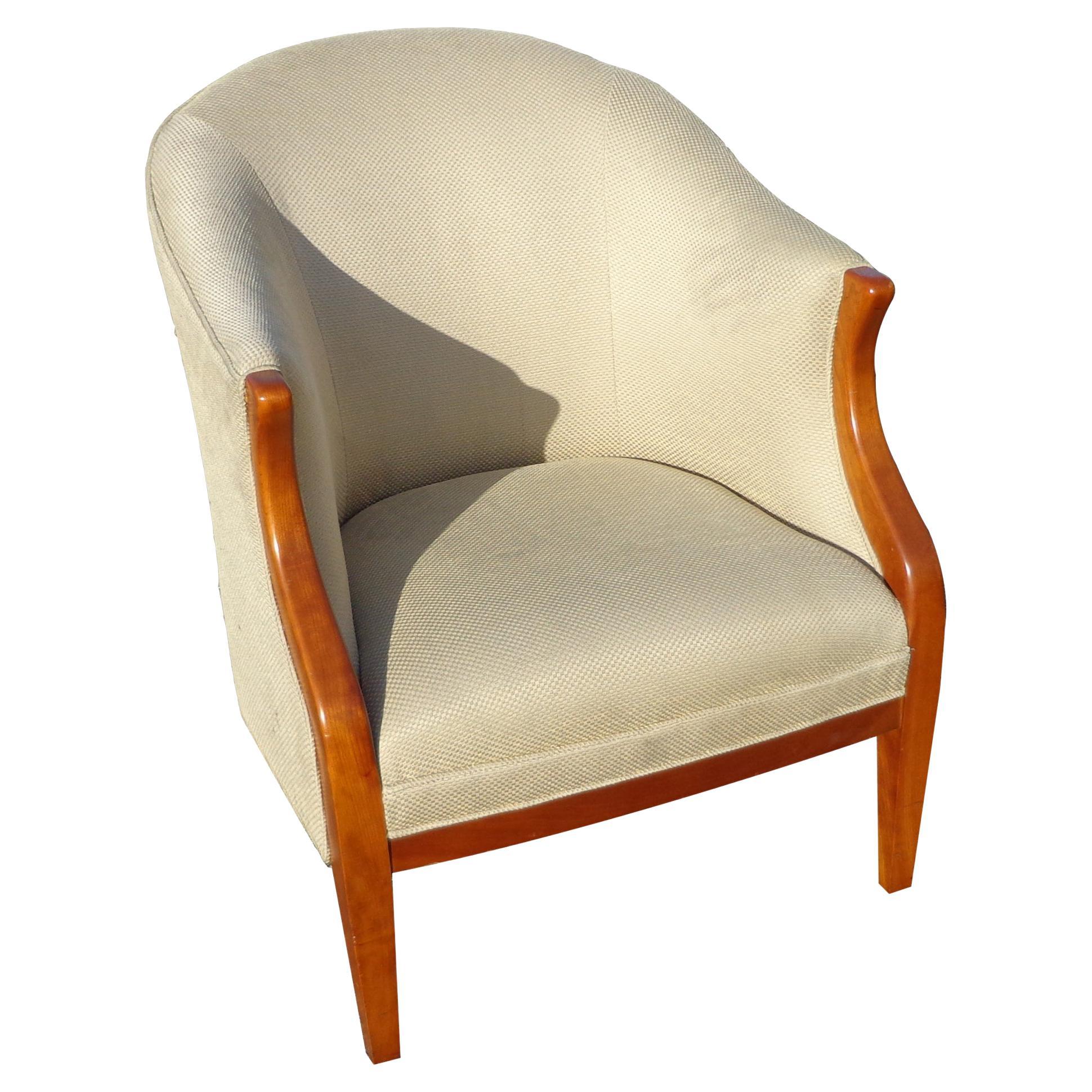 HBF lounge chair

Wonderful curves and lines in this modern version of a traditional, classic
lounge chair by HBF. Walnut frame and silk blend ivory upholstery.