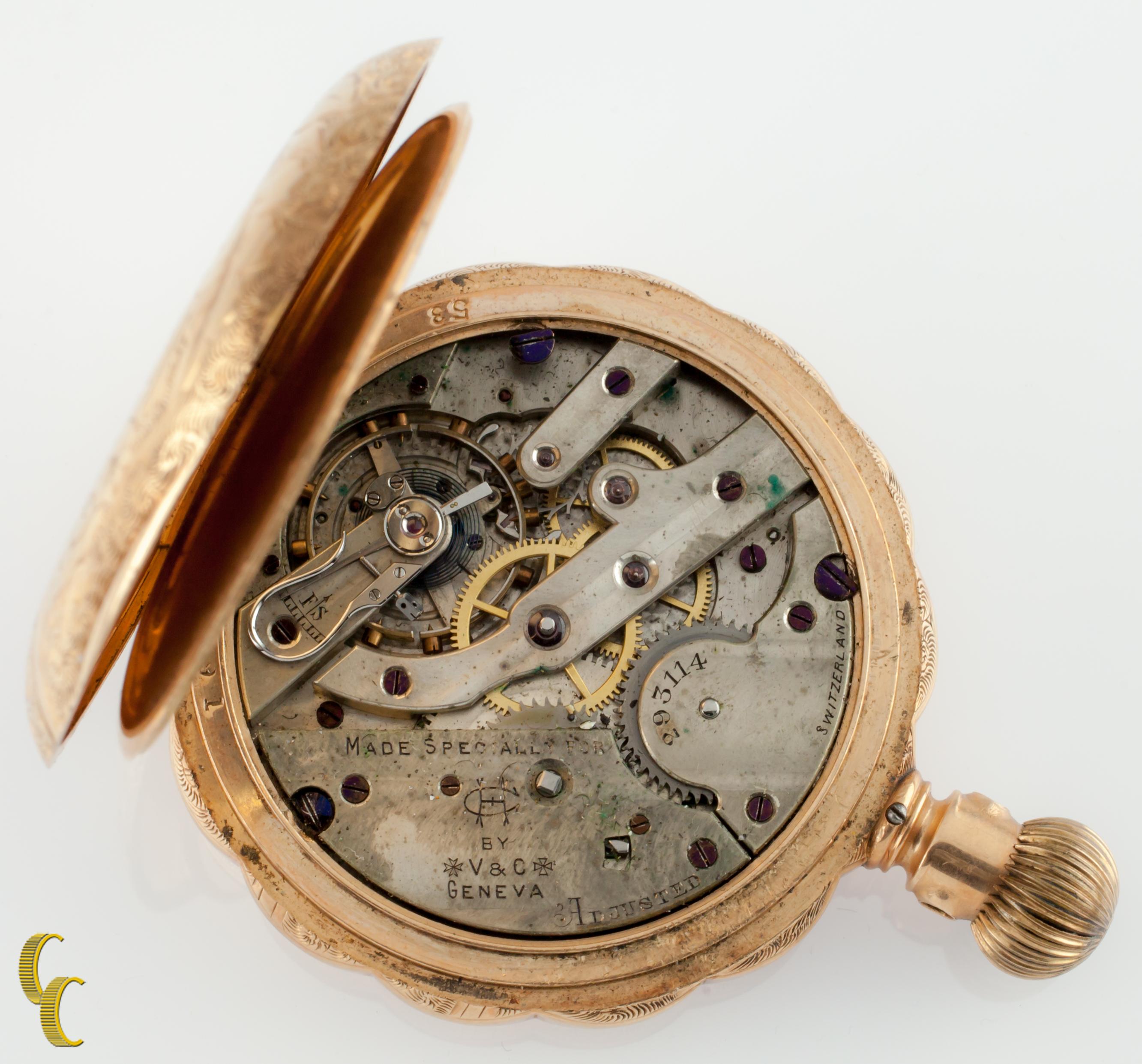 Beautiful Antique Vacheron & Constantin Pocket Watch w/ White Dial Including Gold Hands & Dedicated Second Dial
14k Yellow Solid Gold Case w/ Intricate Hand-Etched Design on Case
Black Arabic Numerals
Case Serial #735391
15-Jewel Elgin Movement