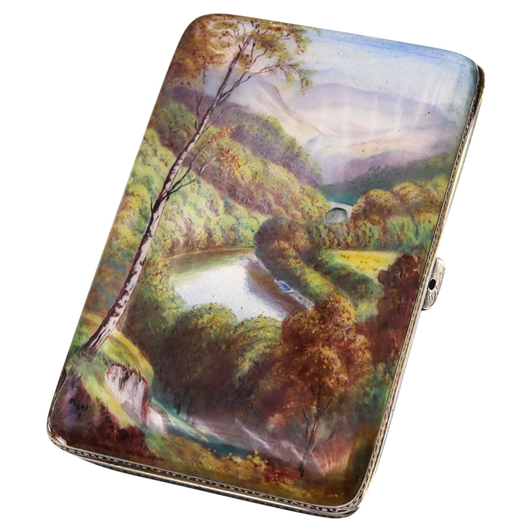 H.C. Freeman 1929 Austrian Enamel Case Box With River Landscape In .925 Sterling For Sale